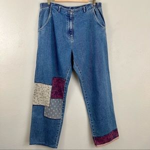 J. Jill Patchwork Quilt Patch Knee Elastic Waist Wide Leg Straight Denim Size 18